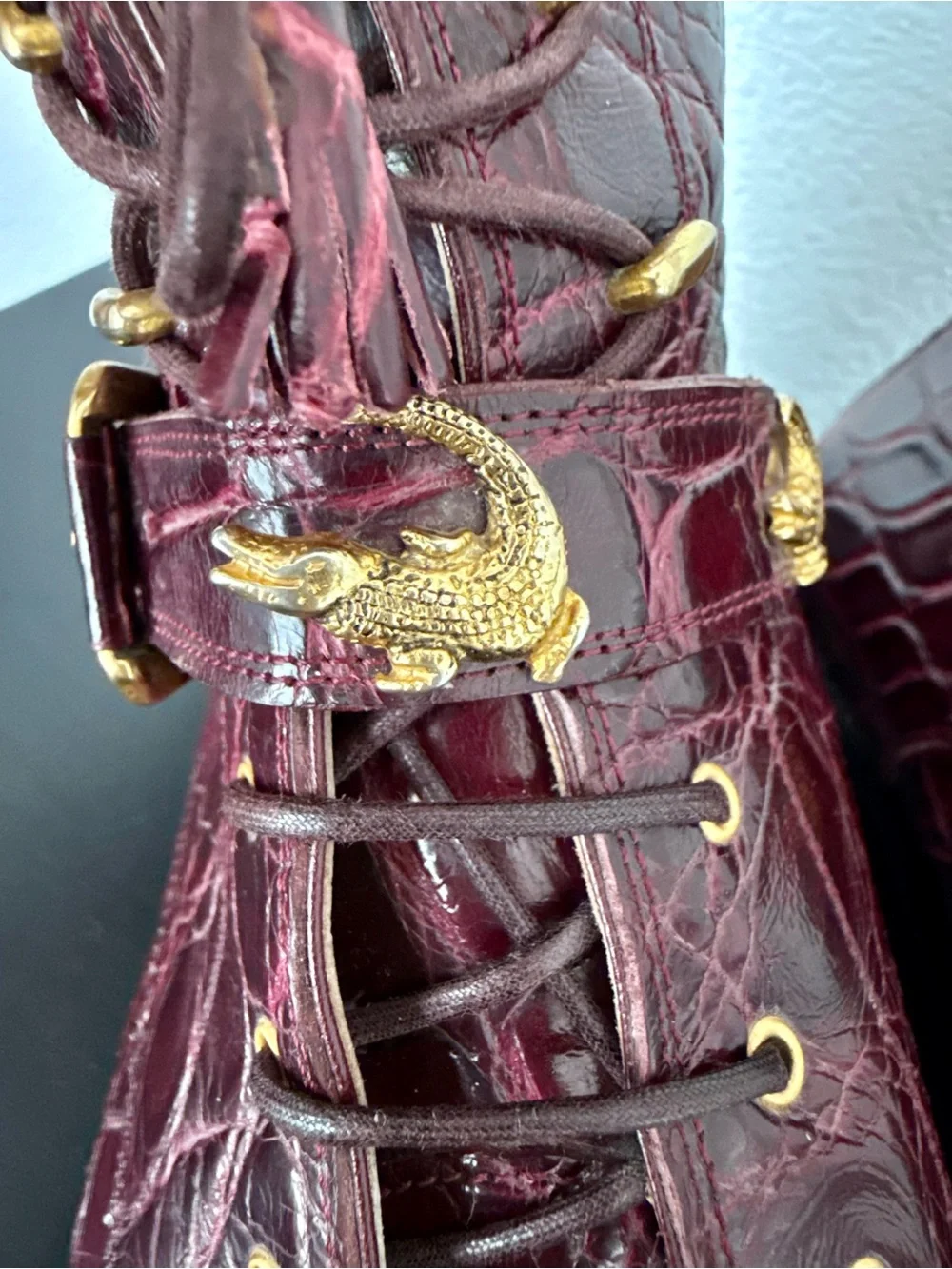 Mauri Luxury Combat Dress Ankle Boots Exotic Leather Genuine Alligator Burgundy